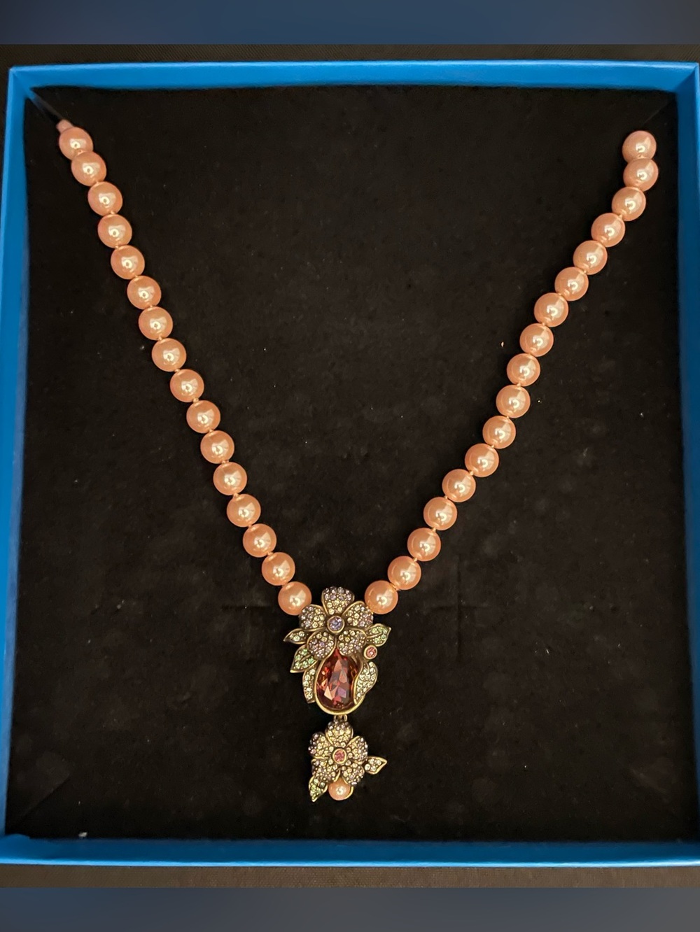 Heidi Daus Pink Faux Pearl Necklace Crystal Drop Pendant Adjustable 18–21”